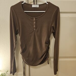 Elegant Brown Ribbed Long Sleeve Top with Button Detail